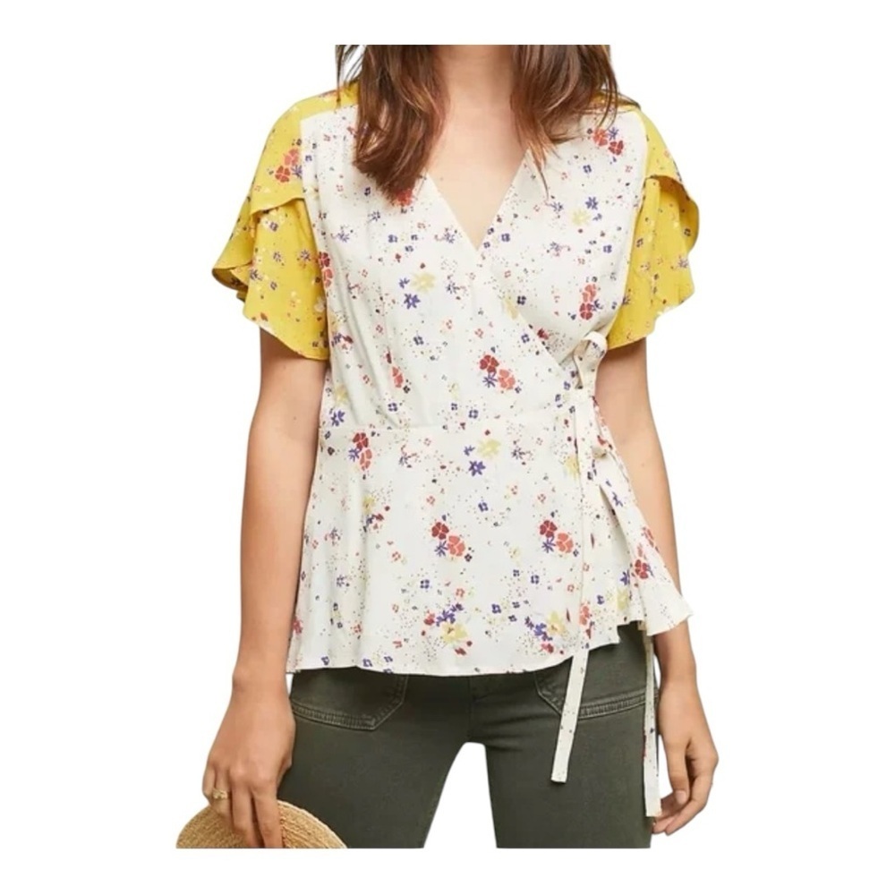 ANTHROPOLOGIE Meadow Rue wrap top, colorful, contrast sleeves, size 8